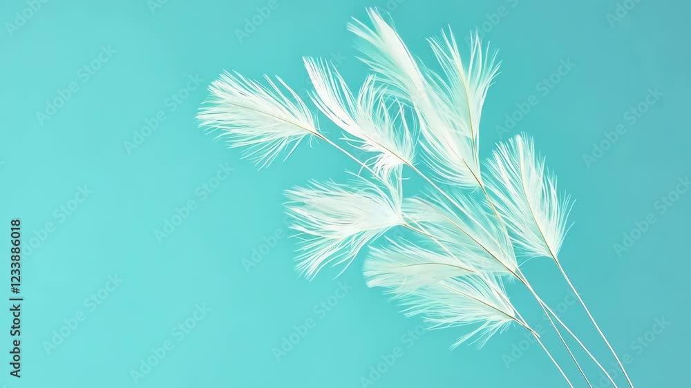 Poster delicate white feathers against vibrant turquoise background create serene and airy composition with