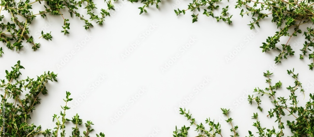 Poster fresh thyme herbs arranged on white background with copy space for text or design