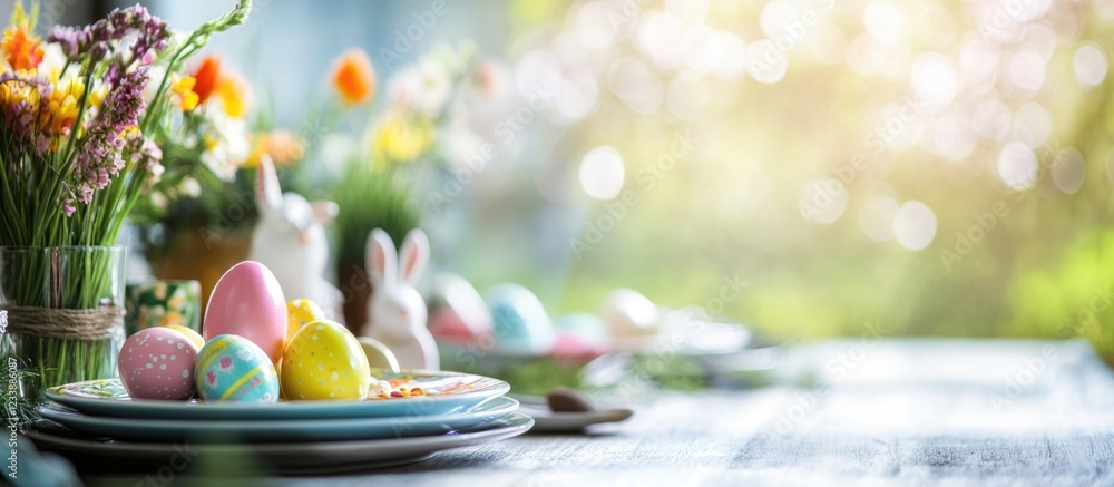 Aufkleber easter table setting with colorful eggs and spring flowers in garden with copy space