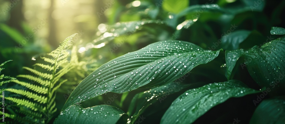 Poster lush green tropical leaves with raindrops in a forest setting with soft light and copy space for tex
