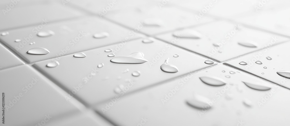 Poster close-up of water droplets on white tiled surface with reflections and copy space for text placement
