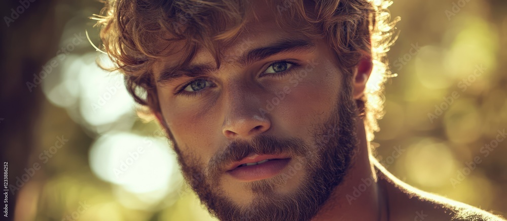 Wall mural handsome young man with beard and tousled hair outdoors in soft natural light looking at camera with intense expression