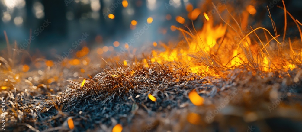 Poster flames and sparks in dry grass during wildfire with blurred forest background and copy space for tex