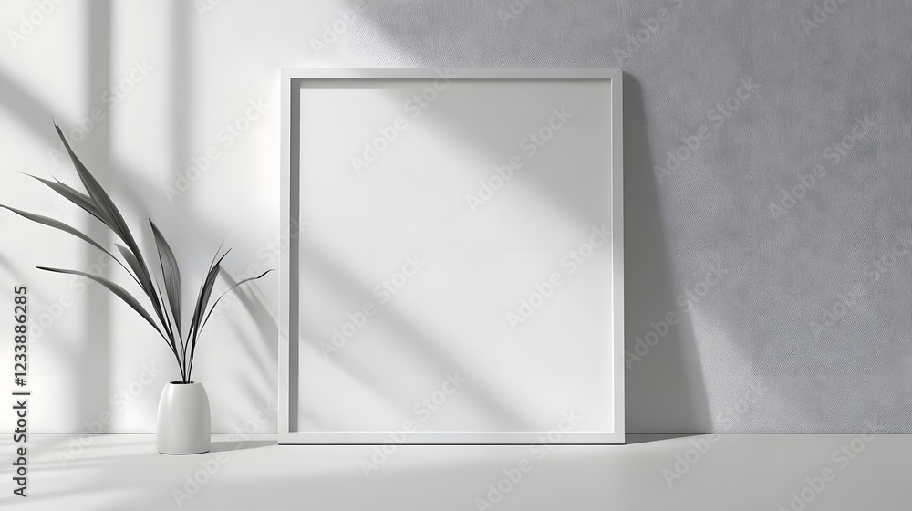 Poster minimal modern decor with a single plant in an elegant empty living room or studio space with soft n