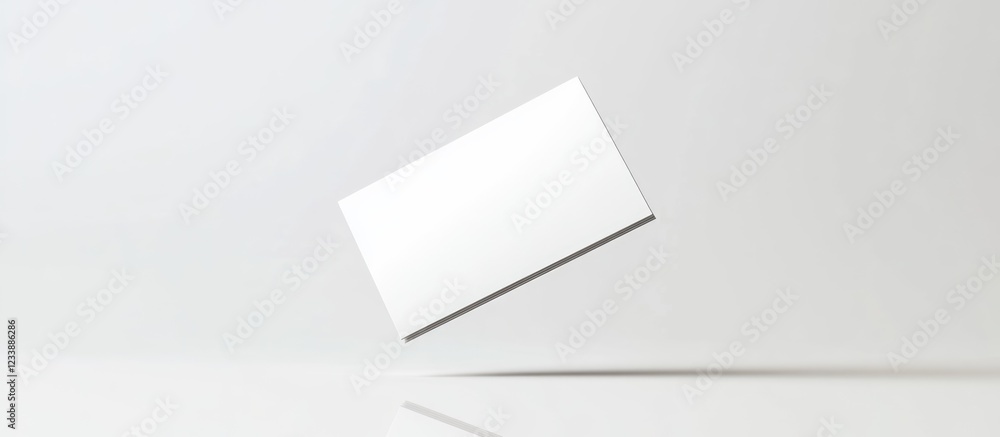 Poster blank business card floating in the air over a minimalistic light background with copy space for tex