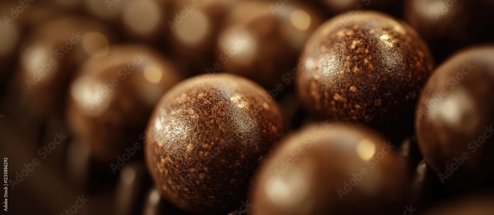 Poster close-up of shiny brown chocolate truffles arranged in a row with a blurred background and copy spac