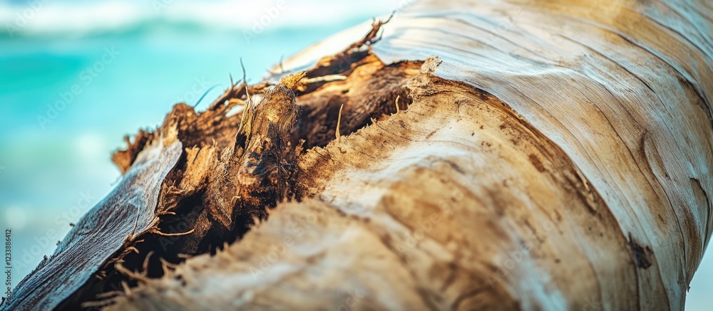 Poster close-up view of weathered driftwood on beach with ocean in background natural textures and colors w