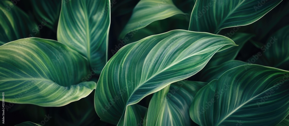 Poster lush green tropical leaves close-up with intricate patterns and textures on a dark background copy s