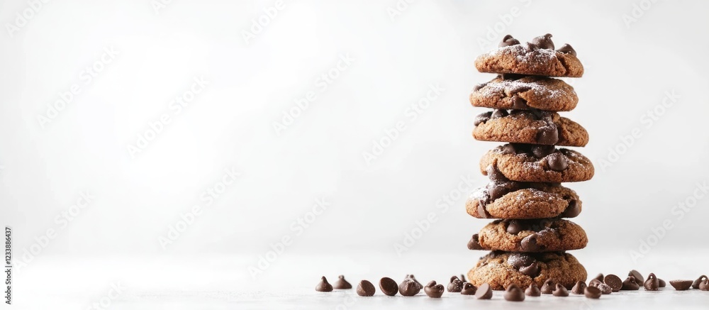 Poster stack of chocolate chip cookies on white background with chocolate chips scattered, featuring ample 