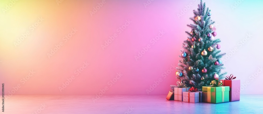 Aufkleber colorful christmas tree with gifts in front of gradient background and ample copy space for text
