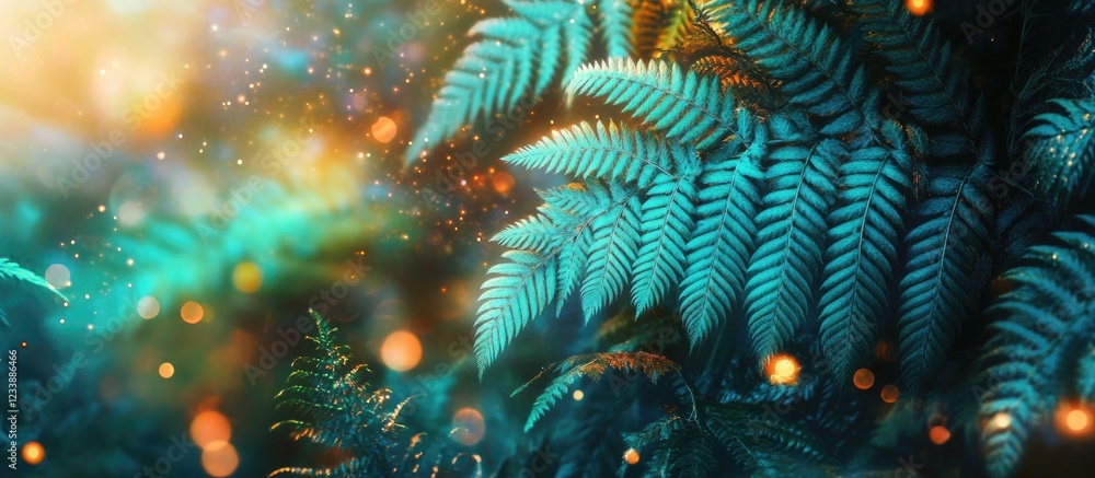 Poster enchanting teal fern leaves with warm glowing light bokeh in a mystical forest setting copy space