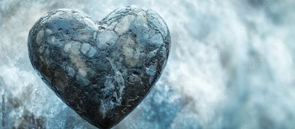 Poster heart-shaped stone on a textured background with soft focus and copy space for text placement