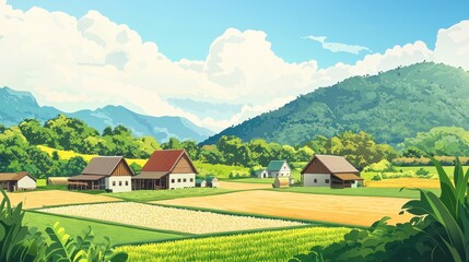 Sunny Day Village Scene Amidst Lush Green Fields and Mountains