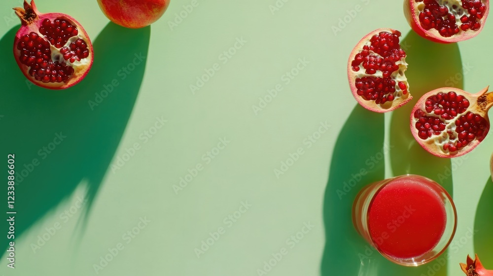 Poster pomegranate fruits and juice on green background with soft shadows and ample copy space for text pla