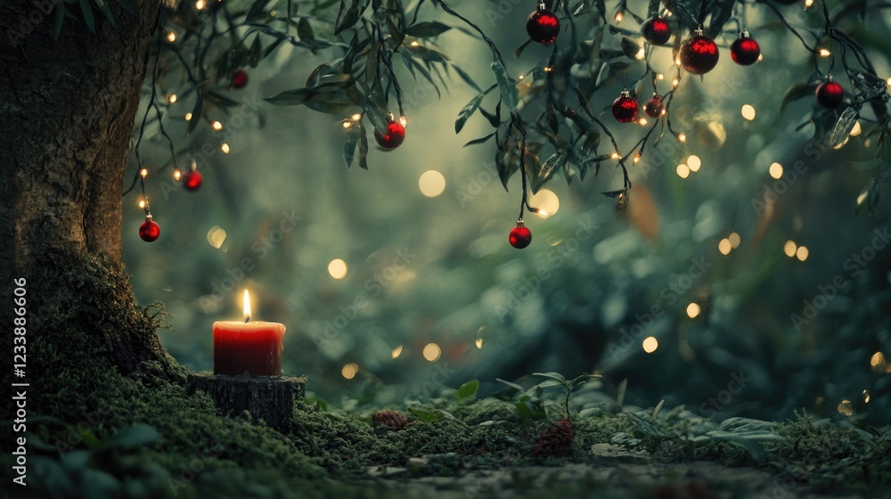 Poster candle on a stump surrounded by greenery and red ornaments glowing with bokeh lights in a serene for