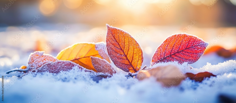 Aufkleber frosted autumn leaves on snow with soft sunlight background and copy space for text placement