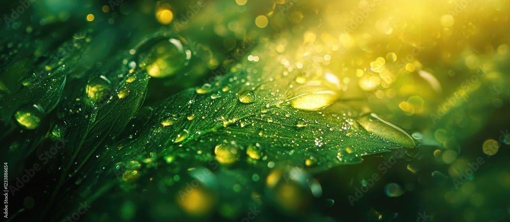 Aufkleber close-up of green leaf with water droplets and bokeh effect illuminated by soft sunlight copy space
