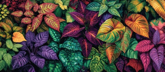 Colorful tropical foliage with intricate patterns and vibrant hues of green, red, purple, and orange, displaying diverse plant textures and shapes with Copy Space.