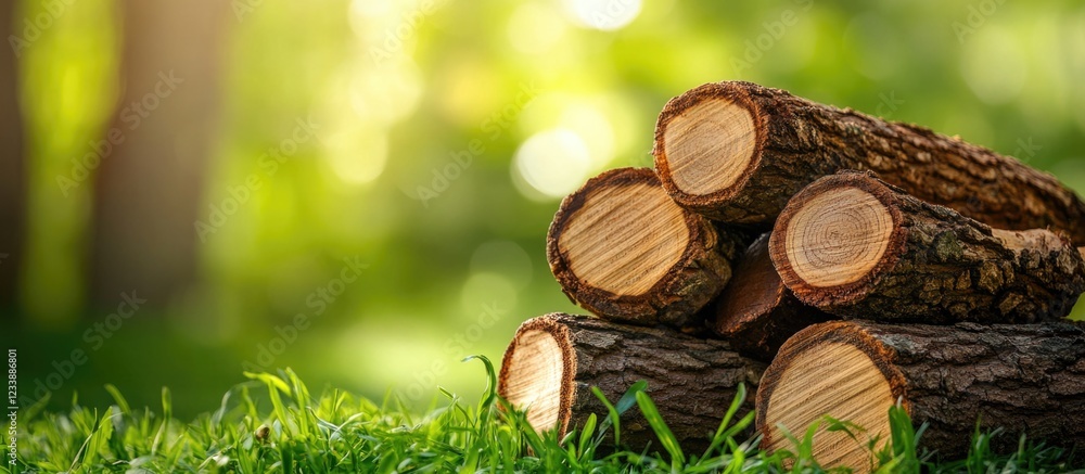 Poster stack of cut logs on green grass with blurred forest background and sunlight bokeh effects