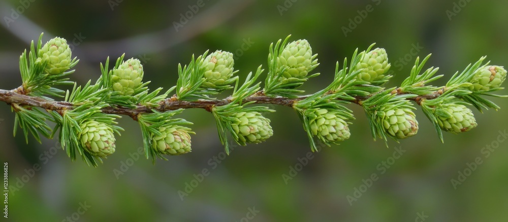 Poster new image title: green coniferous tree branch with growing buds on a blurred natural background copy