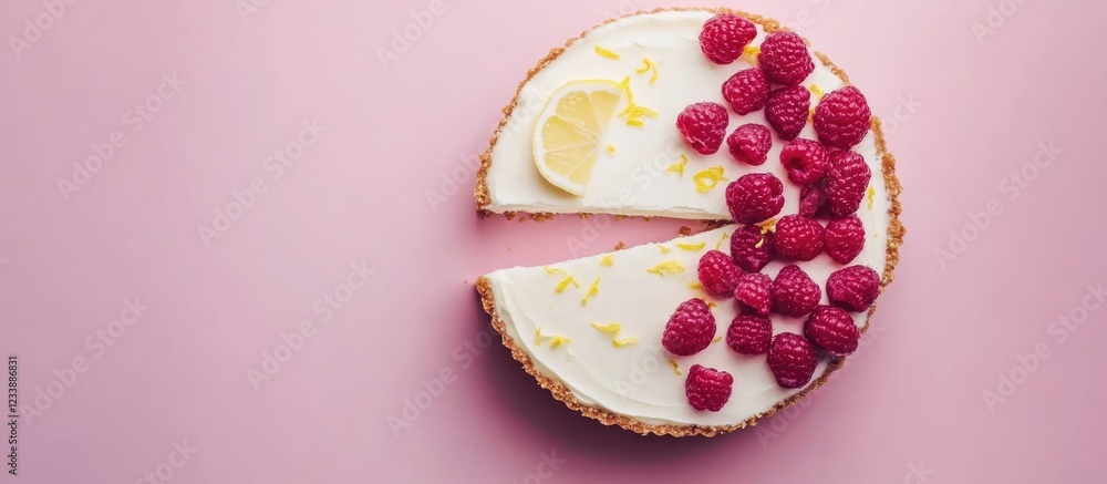 Poster raspberry and lemon tart slice on pink background with copy space for text