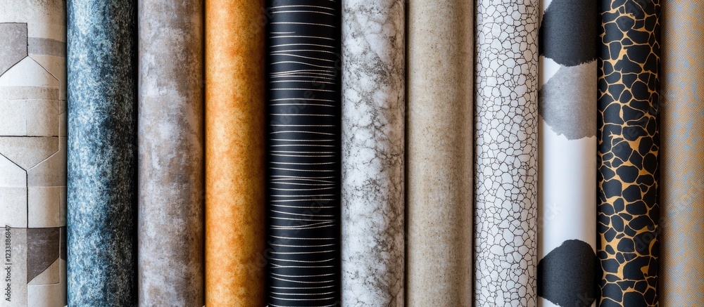 Poster assorted patterned wallpaper rolls displayed in a row showcasing various textures and colors for int