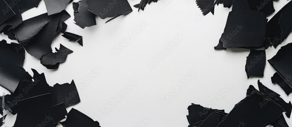 Poster black ripped paper pieces arranged around a blank white background providing ample copy space for te