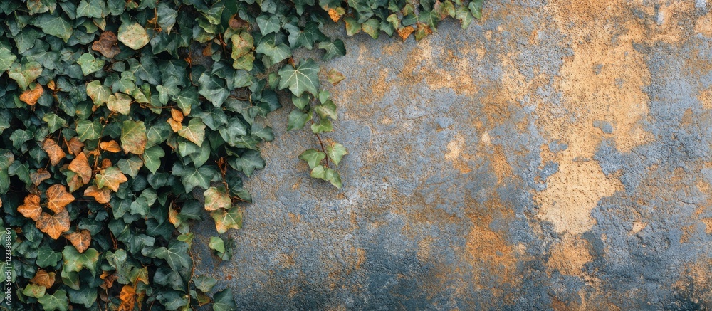 Poster weathered stone wall with ivy leaves on left side and textured surface, horizontal layout with space