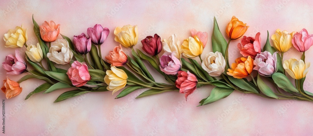 Poster Colorful arrangement of tulips on a soft pink background with ample copy space for text placement.