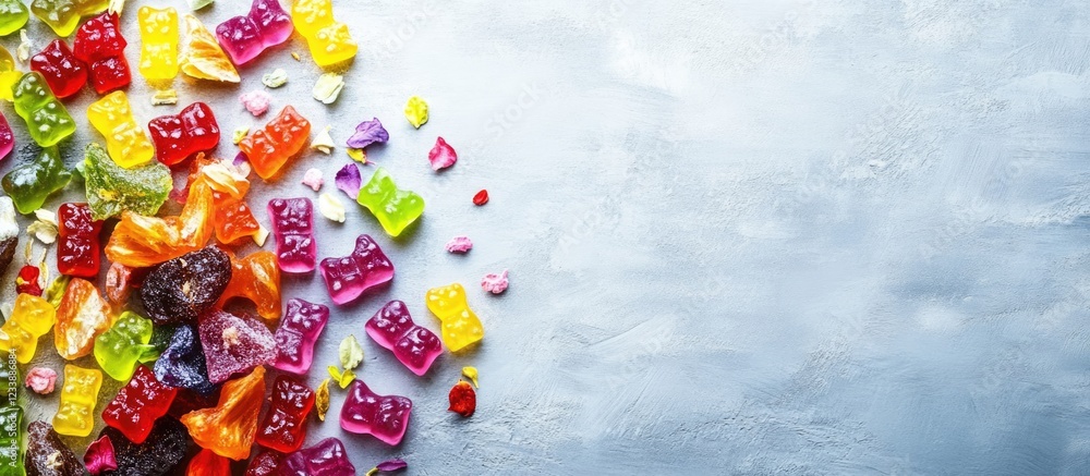Poster colorful gummy candies on textured gray background with copy space for text placement. various shape