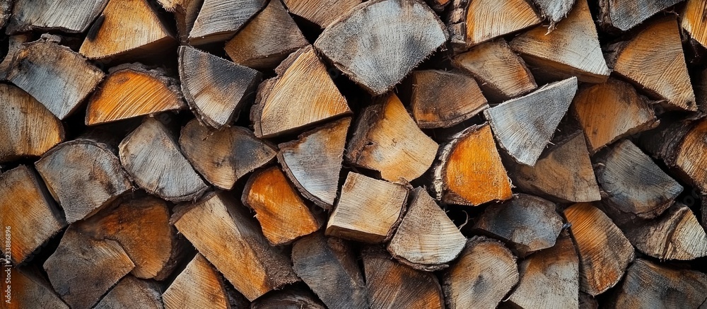 Poster stack of cut firewood pieces arranged in a pile with visible texture and color variations