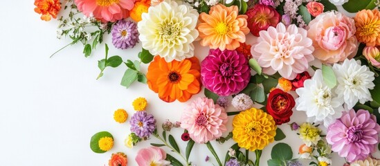 Obraz premium Colorful assortment of fresh flowers with green foliage on white background Copy Space