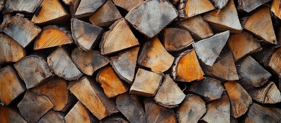 Stack of cut firewood pieces arranged in a pile with visible texture and color variations