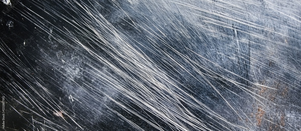 Poster close-up of scratched and weathered metallic surface with subtle textures and streaks suitable for b