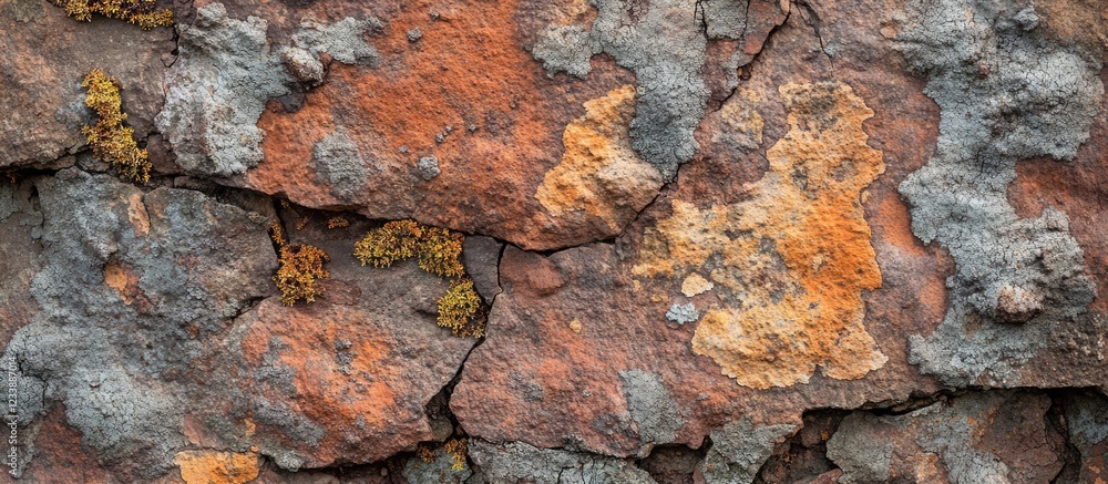 Poster textured close-up of weathered stone wall displaying orange and gray lichen with visible cracks and 
