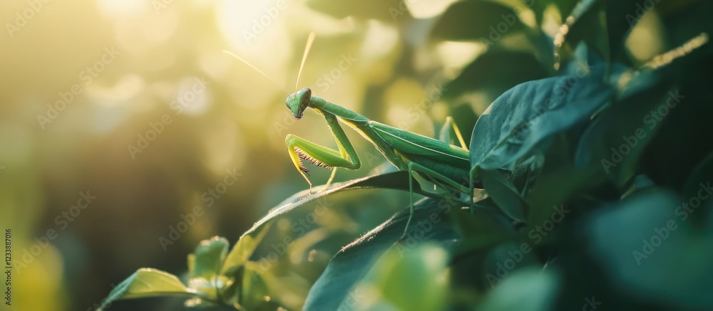 Poster close-up of a green grasshopper on leafy plants in soft sunlight with blurred background and copy sp