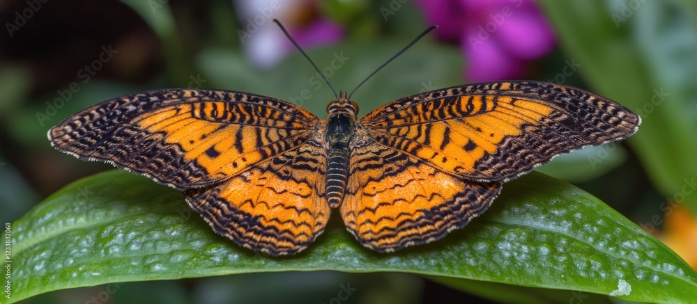 Poster close-up of a vibrant orange butterfly with intricate patterns resting on a green leaf in a lush gar