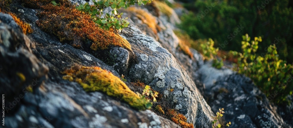 Aufkleber moss and lichens covering rocky surface in sunlight with greenery in background and copy space for t