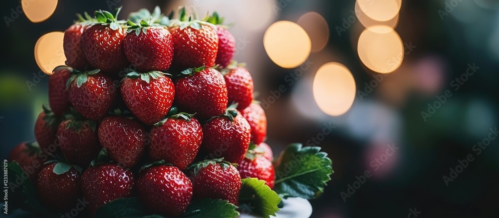 Poster fresh strawberries stacked in a pyramid arrangement against a blurred background with decorative bok
