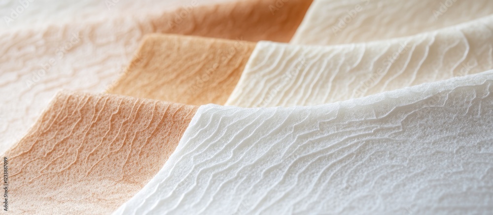 Poster textured fabric swatches in warm neutral tones with visible patterns and folds for textile design ba