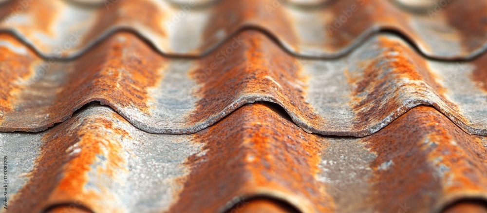 Poster rusty metal roofing tiles with weathered surface textures and color variations showing aging and det