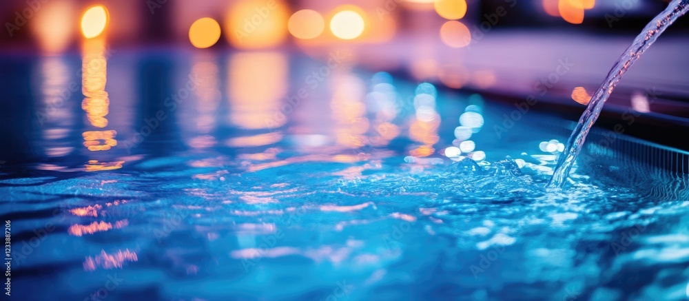 Poster water cascading into a swimming pool with vibrant bokeh lights in the background and reflection on t