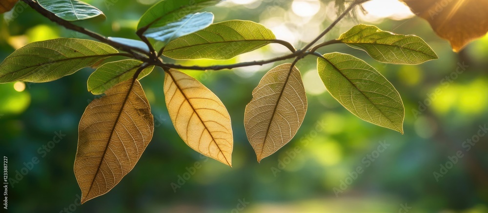 Poster close-up of green and brown leaves on a tree branch with sunlight filtering through, nature backgrou