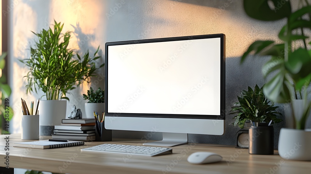 Poster Minimalist and organized home office workspace with computer monitor keyboard mouse and potted plants on a clean and tidy desktop  Concept of productivity digital technology