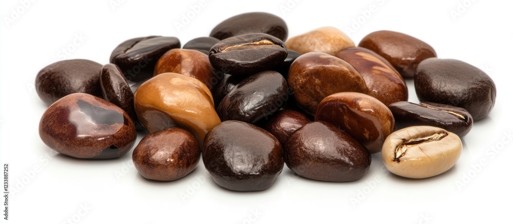 Poster collection of assorted polished brown stones on a white background with copy space for text placemen