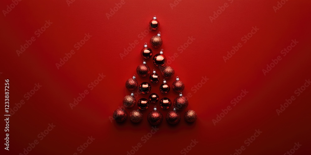 Poster red background with arranged christmas ornaments forming a tree shape, decorative holiday elements w