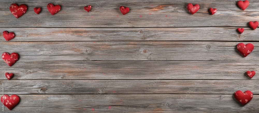 Poster red hearts on rustic wooden background with ample copy space for text or graphics. ideal for romanti