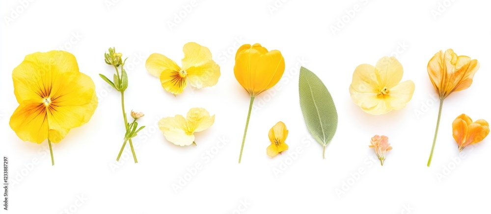 Poster yellow flower collage arranged on a white background showcasing various flower types and sizes with 