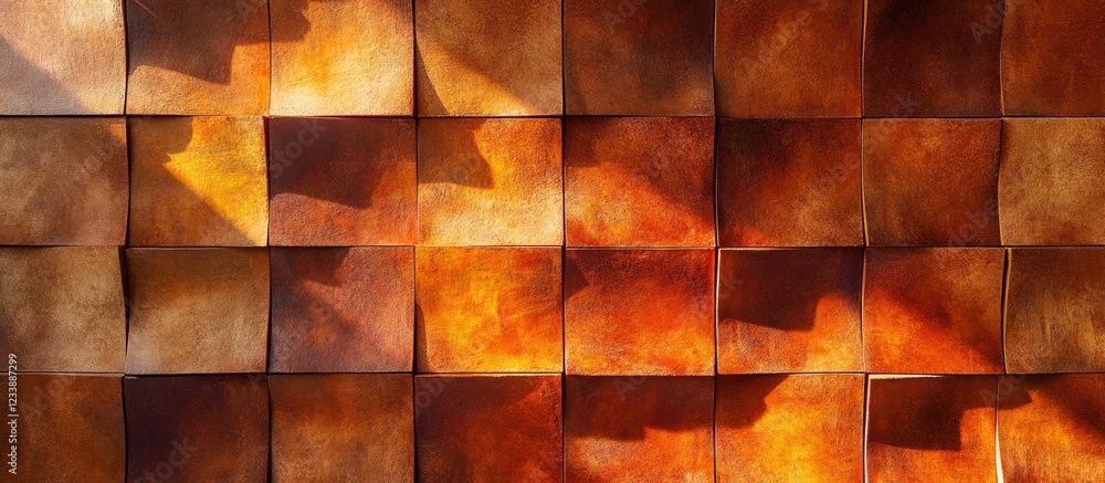 Poster abstract textured pattern with warm orange and brown tones in a grid arrangement