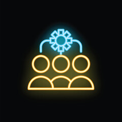 Neon icon style illustration representing teamwork with a group of people connected to a central hub, symbolizing shared knowledge and collaboration